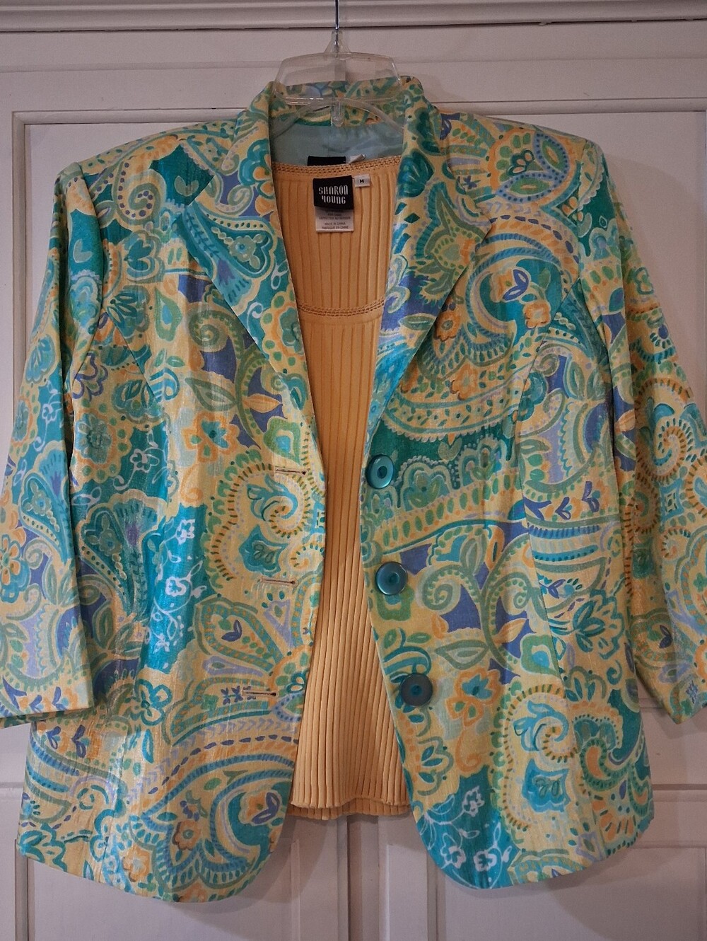 Vintage paisley-print Sharon Young blazer layered over a ribbed tank, M